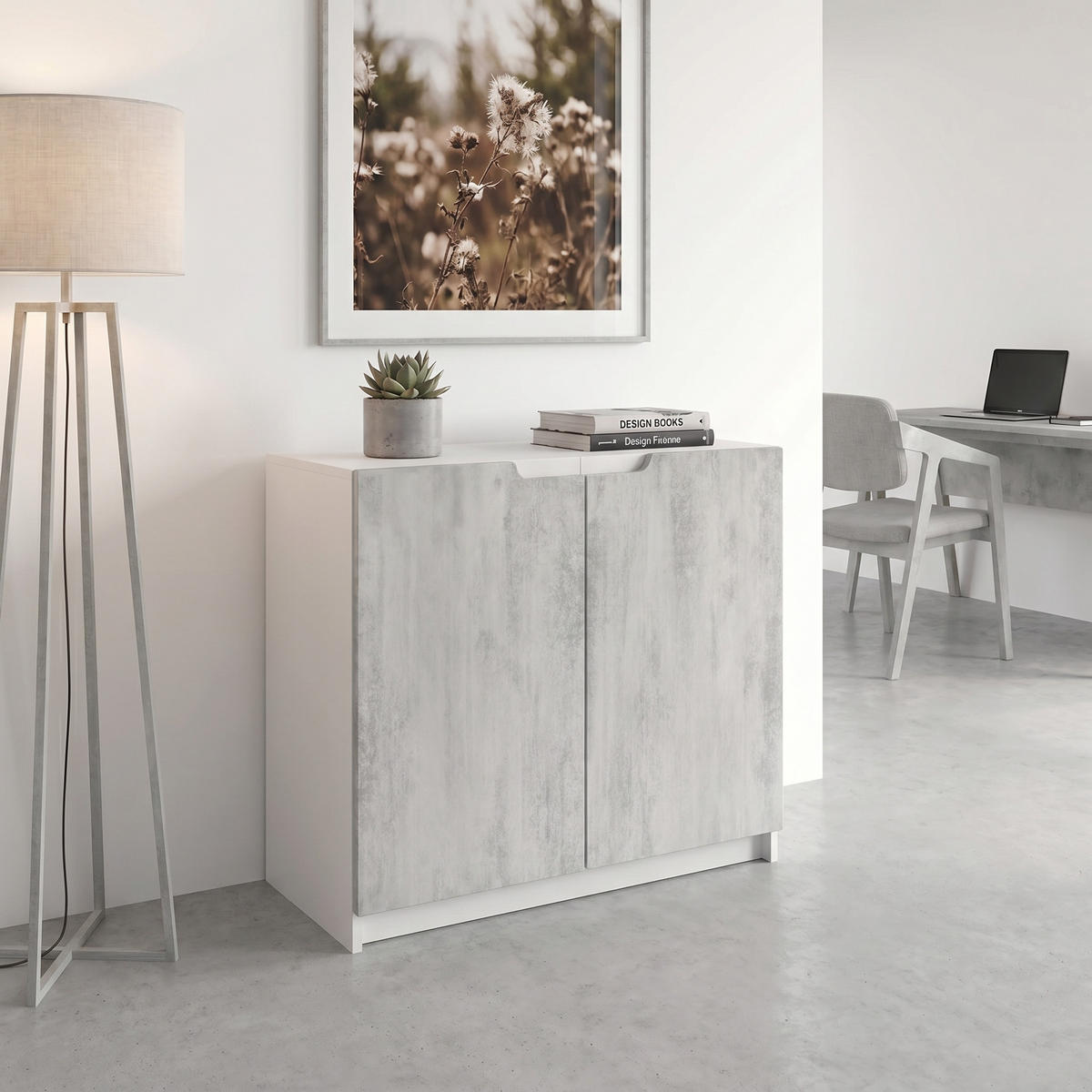 KOMODA Logan Bijela mat/Beton oksid optika (82 x 78 x 37 cm) - svijetlo siva, drvni materijal (82/78/37cm) - Vladon