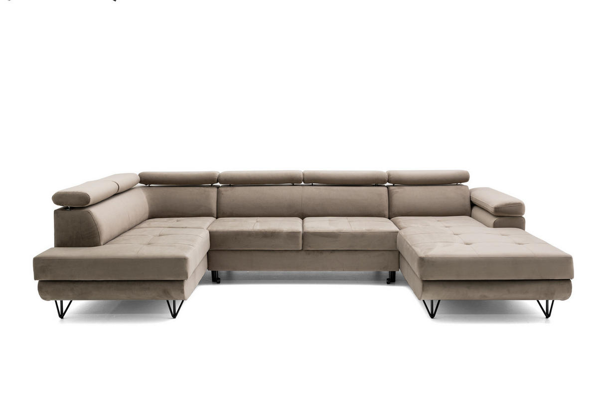 ECKSOFA U-Form JUNIOR U Links mit Schlaffunktion 128x254 Velours Beige - Beige/Schwarz, Holz/Textil (323/90/184cm) - Muffo