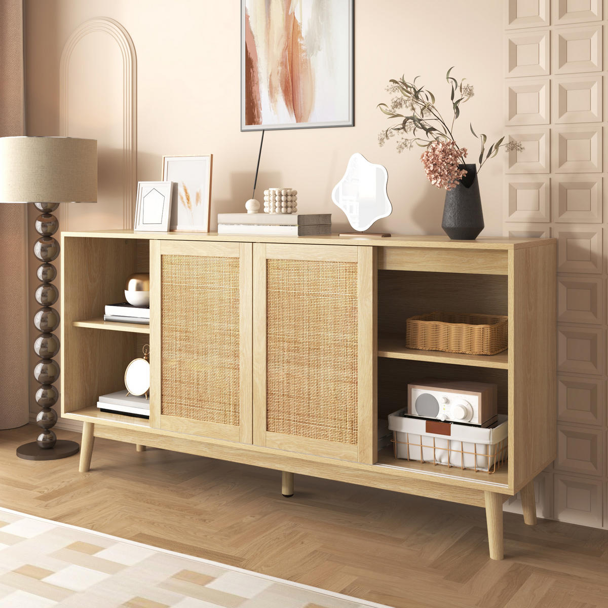 SIDEBOARD mit 3 Schiebetüren aus echtem Rattan und 2 Schubladen 155/38/80 cm - Naturfarben, Holzwerkstoff (155/80/38cm) - EVRYAE