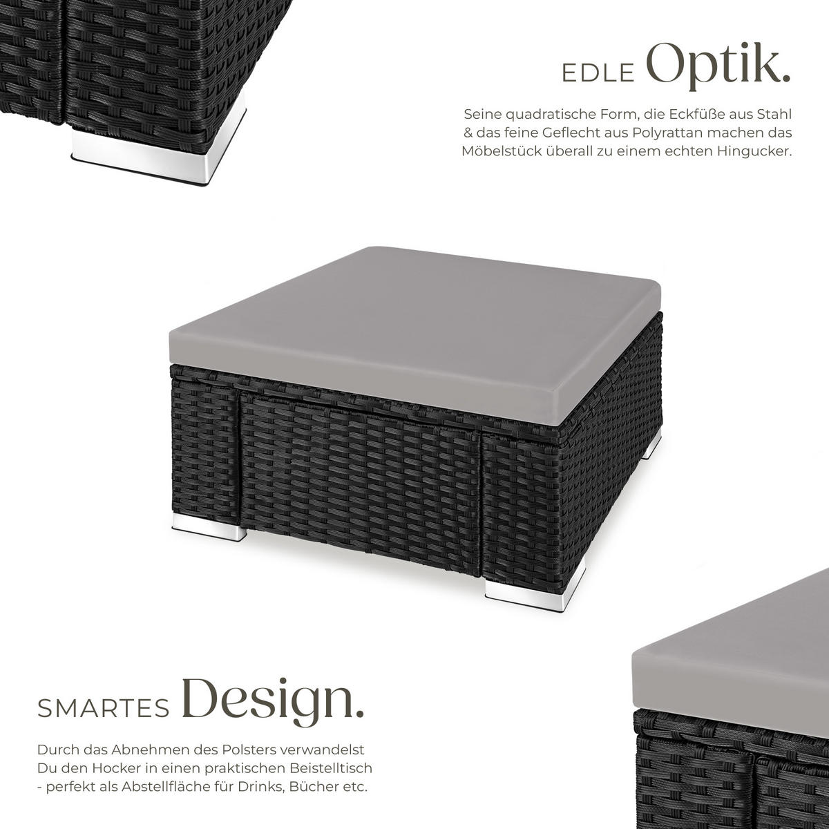 RATTAN-SITZHOCKER Bitonto,53 x 53 x 26 cm,schwarz/grau - Schwarz/Grau, Kunststoff (53/26/53cm) - tectake