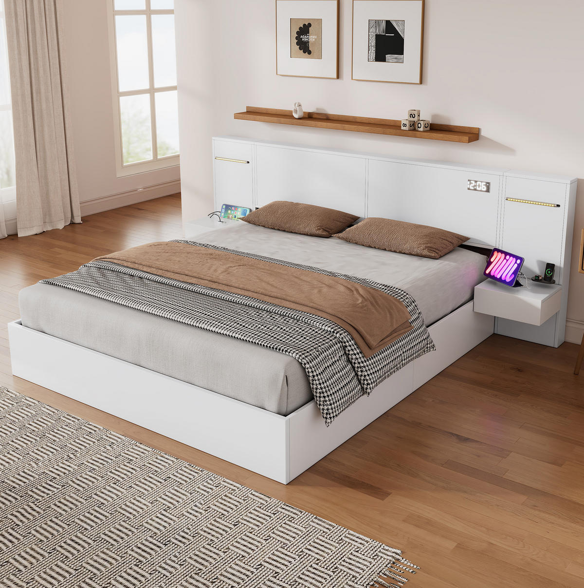 ČALÚNENÁ posteľ 180/200 cm MDF biela, s LED osvetlením, Bluetooth a USB - biela, kompozitné drevo (180/200cm) - BEAOK