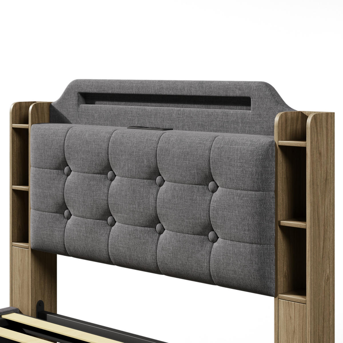 POLSTERBETT 140/200 cm Grau aus Leinen mit LED-Lichtleiste und Stauraum - Grau, Textil (140/200cm) - OKMYHOME