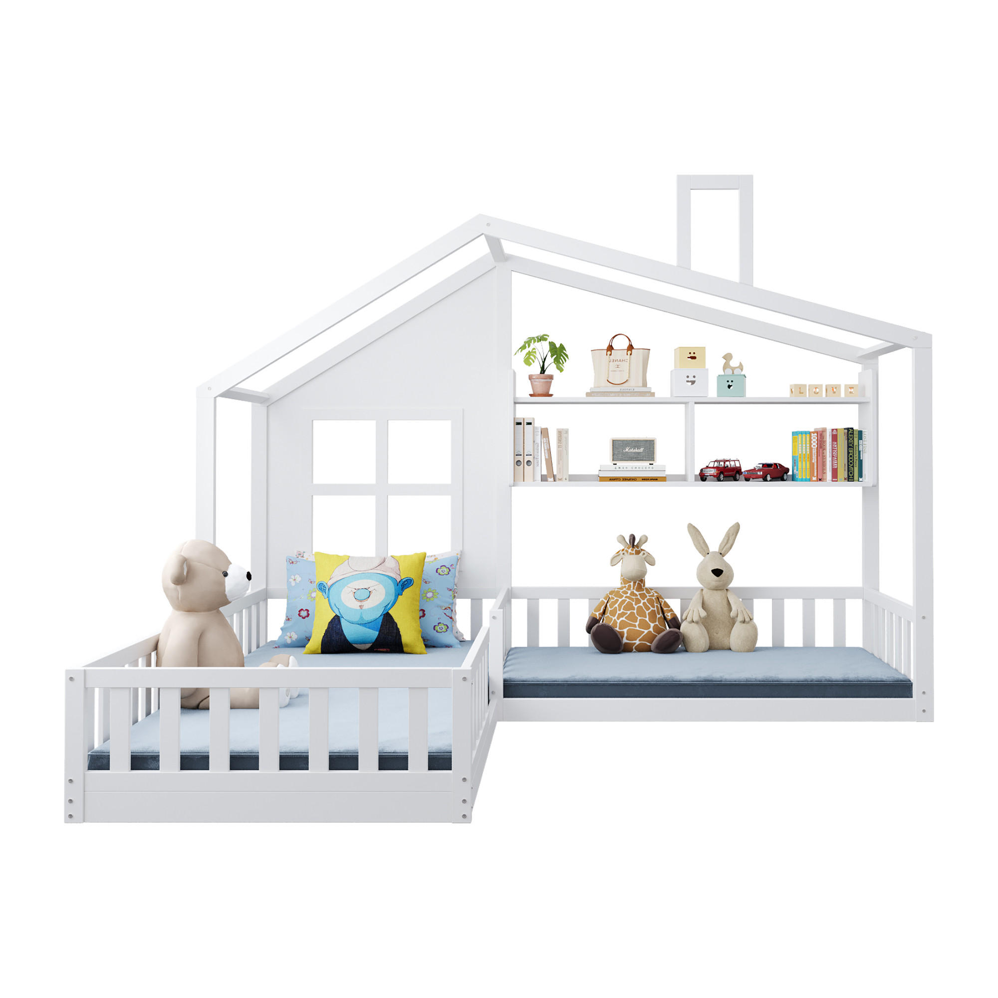 KINDERBETT im Haus-Design 90x200 cm mit Regalen und LED Weiß - Weiß, Holz (90/200cm) - Meubliv