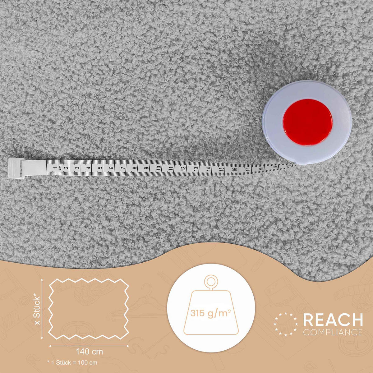 BOUCLESTOFF Quelle Hellgrau– 315 g/m², 140 cm breit, weich & robust, feuer- & UV-resistent - Hellgrau, Textil (140/100cm) - Dreamroots