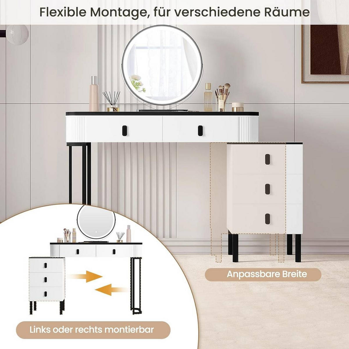 SCHMINKTISCH mit LED, Spiegel, 5 Schubladen, Seitenschrank, Weiß - Schwarz/Weiß, Holzwerkstoff/Metall (100/126/40cm) - Woltu