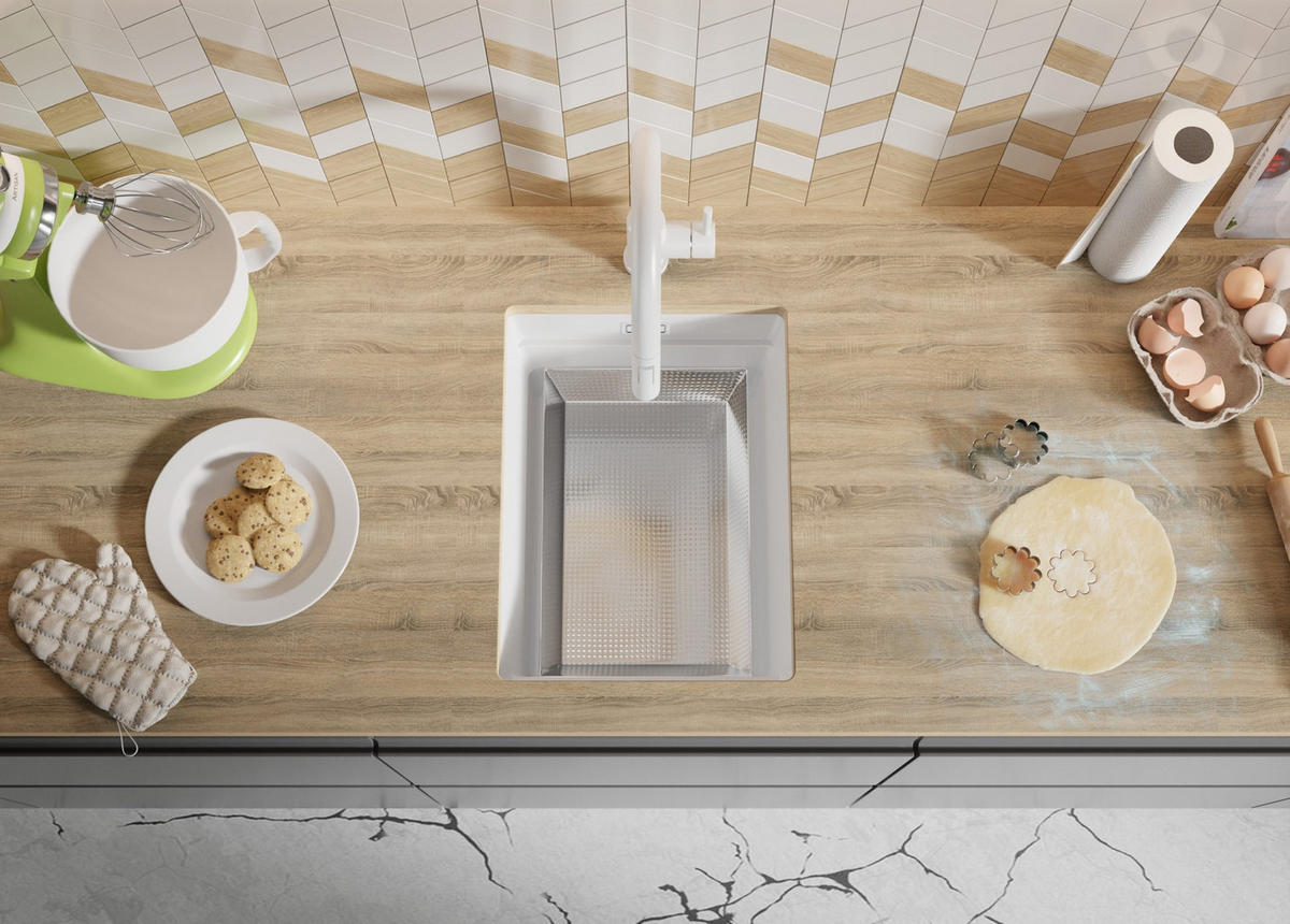 UNTERBAUSPÜLE GRANIT Praga, 2-er set Weiß 36/47 cm 1 Becken + Küchenarmatur 40/20 cm + Ablauf-Set + Aufrollbare Abtropffläche ab 40er Unterschrank - Chromfarben/Weiß, Kunststoff (36/20/47cm) - Primagran