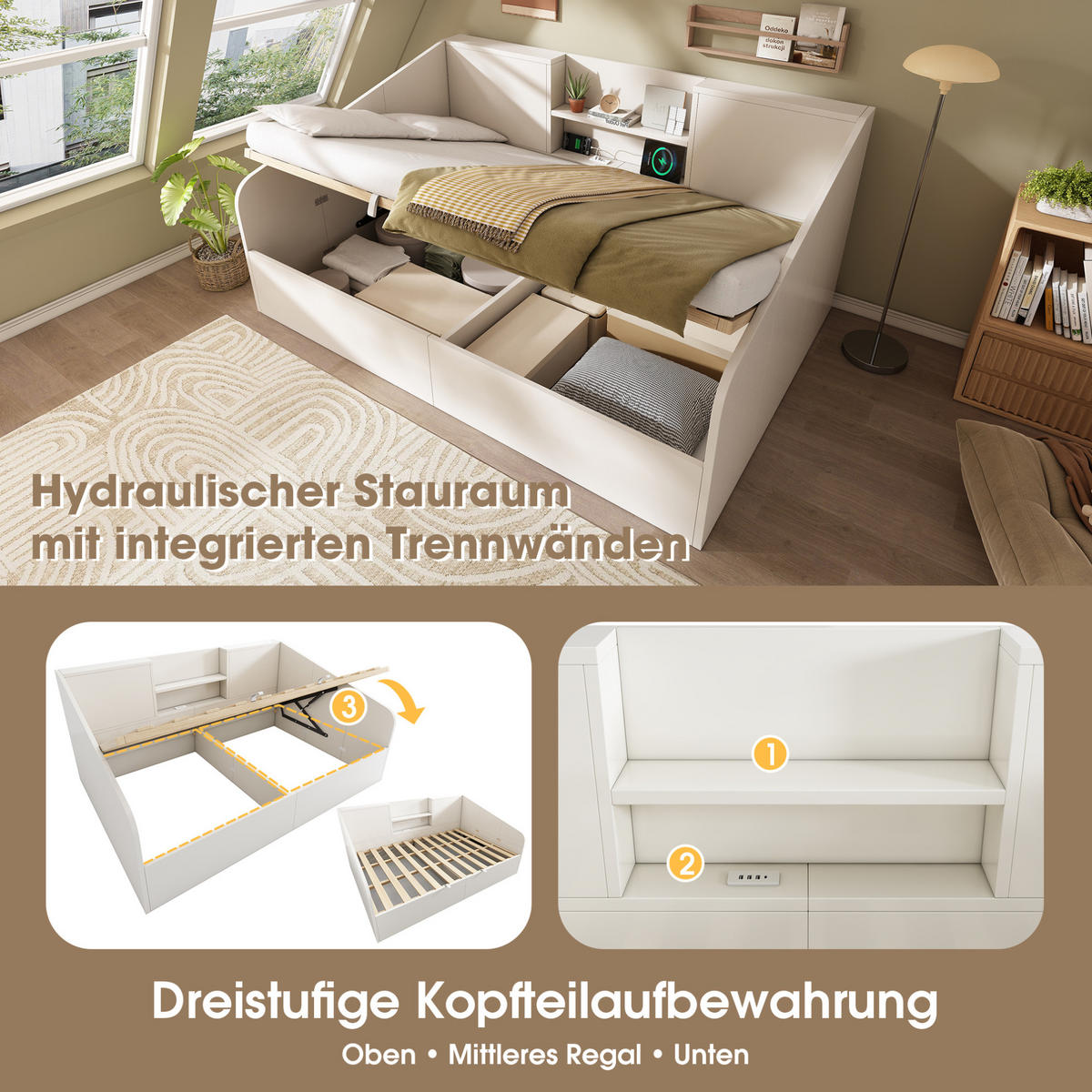POLSTERBETT 140/190 cm mit Hydraulik-Stauraum, USB- und Type-C-Ladestation, Ablagefächern, Weiß - Weiß, Textil (140/190cm) - Redom