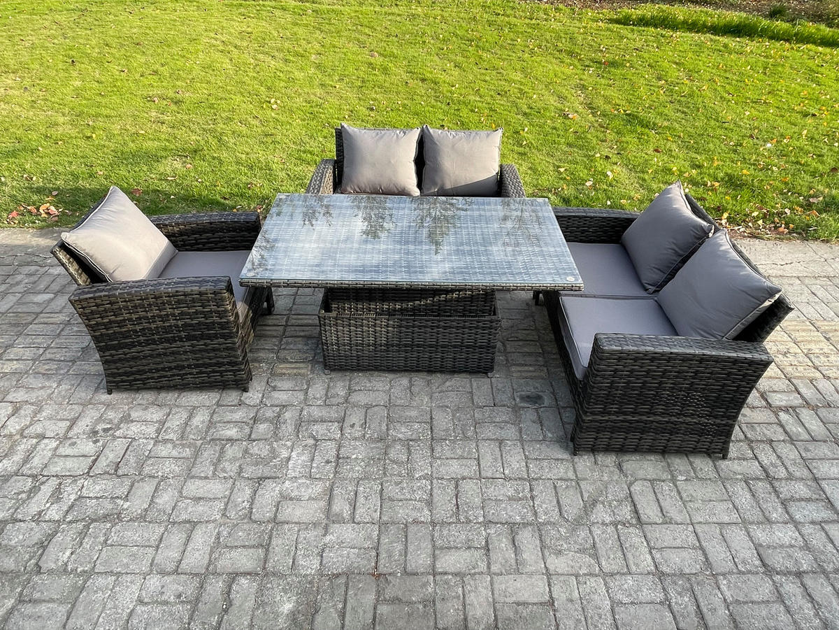 GARTENMÖBEL SET mit höhenverstellbarer Tisch Polyrattan Dunkelgrau 5-Sitzer - Dunkelgrau, Metall - Fimous