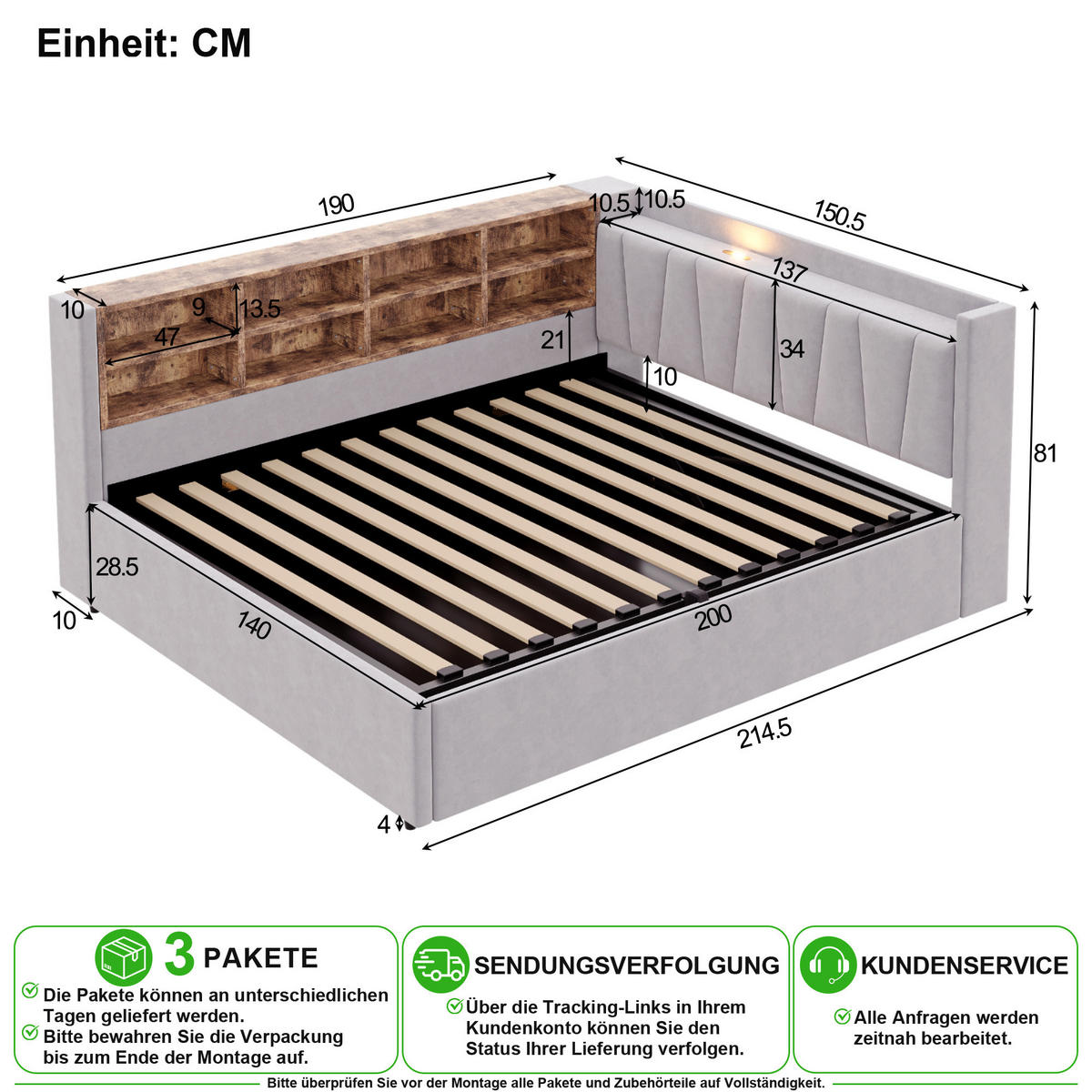 POLSTERBETT 140/200 cm in Hellgrau Samt mit Stauraum, USB, Type-C, LED und Ablagen - Hellgrau, Holzwerkstoff/Textil (140/200cm) - CHICFURN