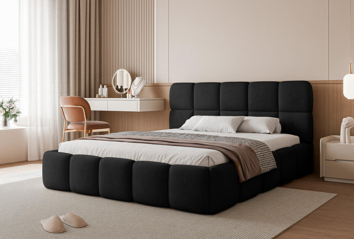 POLSTERBETT CERETTO 160x200 cm Schwarz Velours (Stoff Jasmine 100) - mit Bettkasten und Holzlattenrost - Schwarz, Holzwerkstoff/Textil (160/200cm) - Ravio
