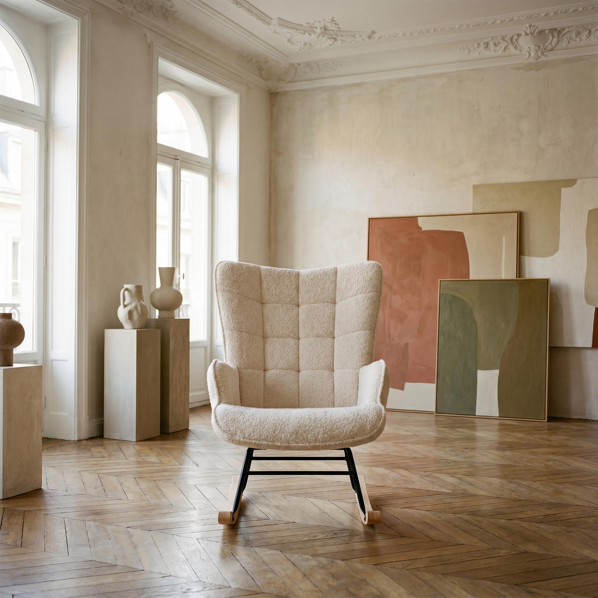 SCHAUKELSTUHL, Teddy-Velours, Skandinavisch, Belastbarkeit 120 kg, Beige - Beige/Kieferfarben, Holz/Textil (68/92/75cm) - GENKI LIVING