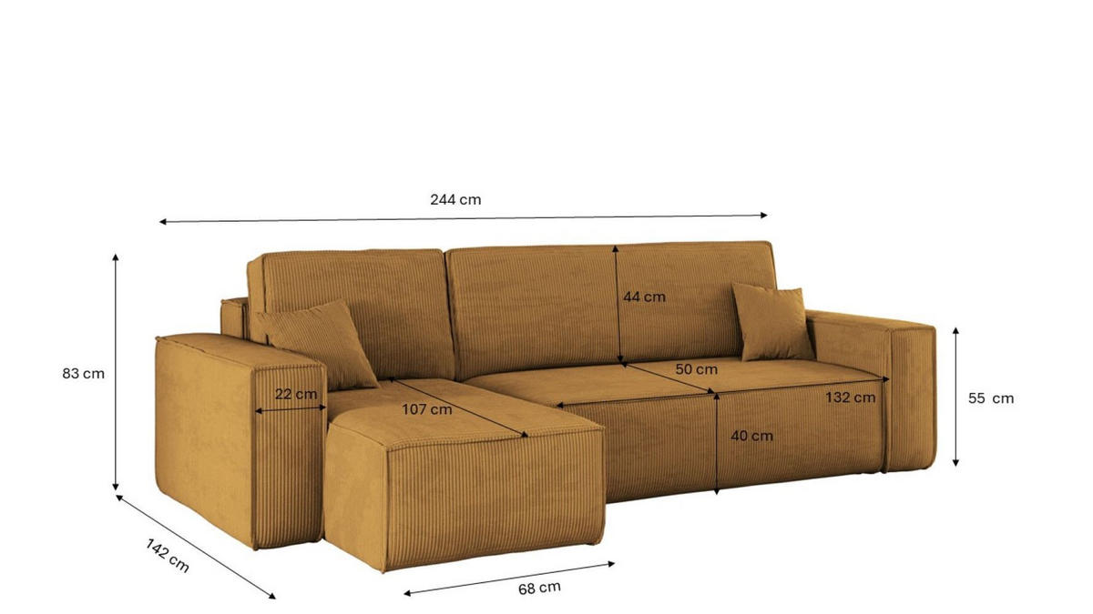 ECKSOFA Mit Schlaffunktion Und Bettkasten BEST Stoff Poso Dicker Cord Senffarbe Links - Gelb, Holz/Textil (142/244cm) - Kaiser Möbel