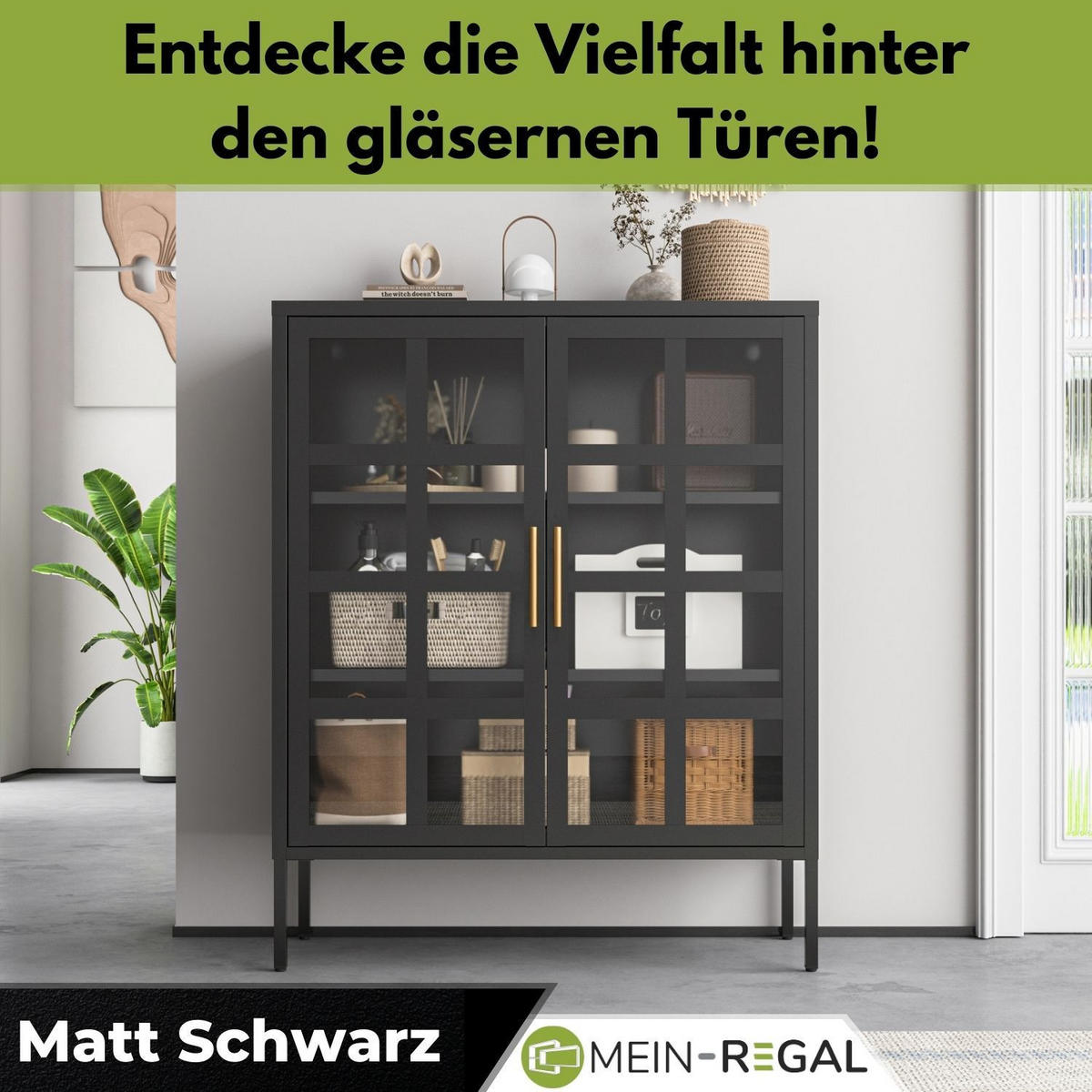 HIGHBOARD GLASGOW Metall mit Glastüren 90/35/110 cm - Schwarz, Metall (35/110/90cm) - Mein-Regal