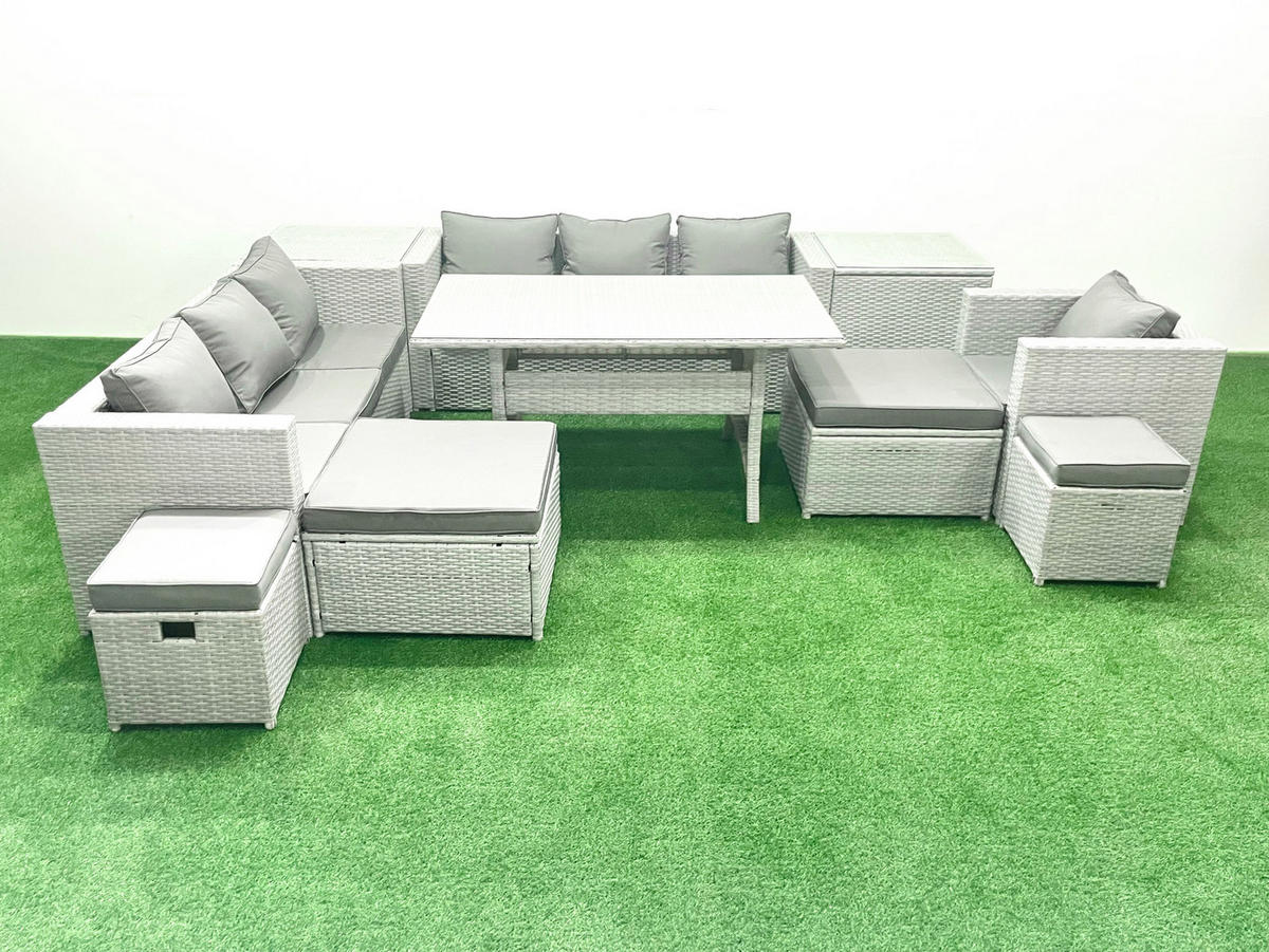 GARTENSET mit Esstisch,Sofa,4 Fußhocker,Stuhl,2 Beistelltischen Polyrattan Hellgrau 11-Sitzer - Hellgrau/Grau, Glas/Kunststoff - Fimous