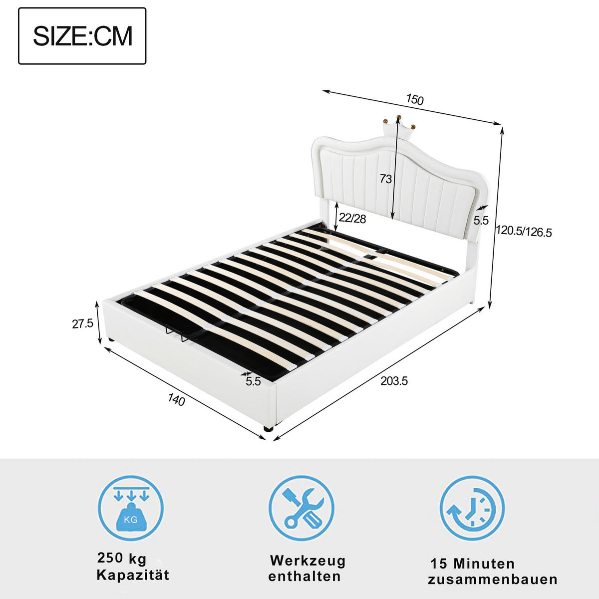 POLSTERBETT 140/200 cm weiß hydraulisches Stauraumbett mit LED-Beleuchtung und verstellbarem Kopfteil - Weiß, Textil (140/200cm) - OKWISH