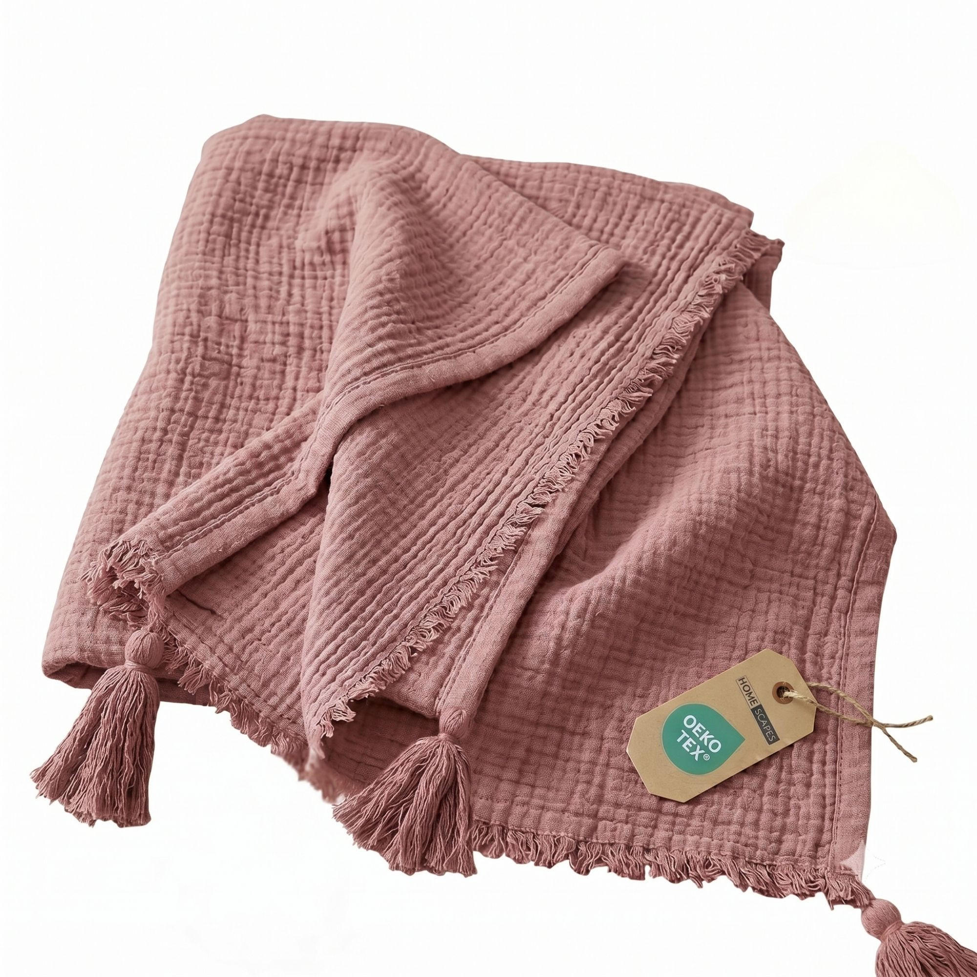 WOHNDECKE Musselin rosa mit Quasten - Rosa, Textil (127/180cm) - Homescapes