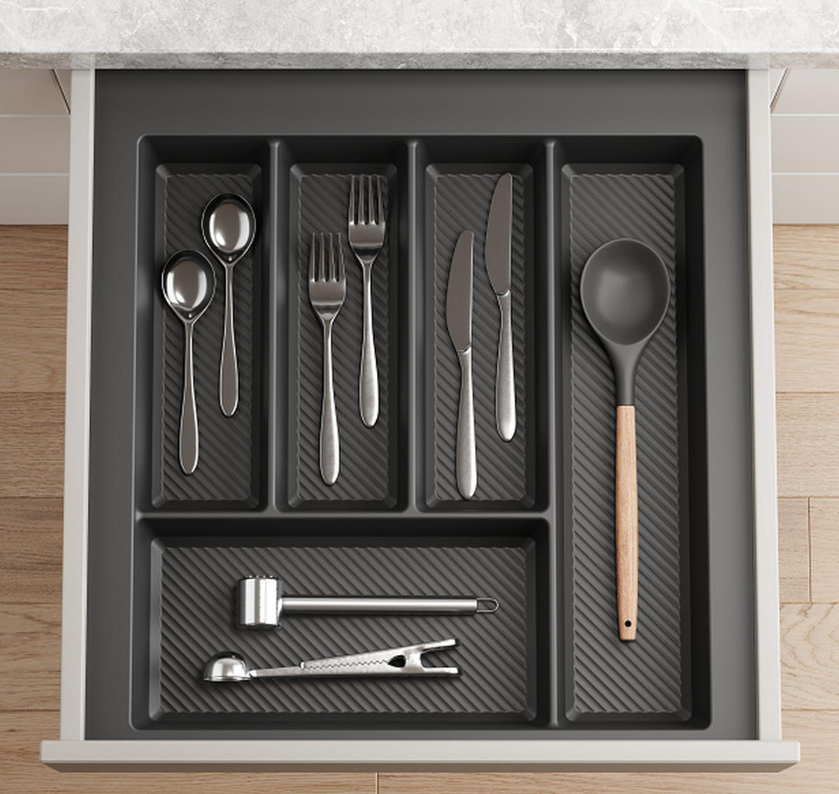 BESTECKEINSATZ kürzbar, Breite 39-45cm, Schublade 50cm, Tiefe 42-49cm - Anthrazit, Kunststoff (45/5.5/49cm)
