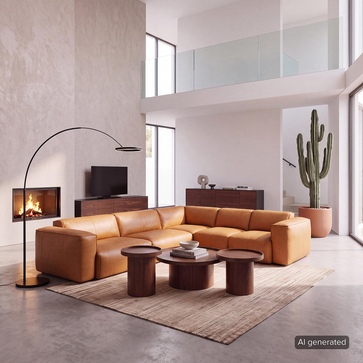 ECKSOFA mit Rundecke - Cognac/Schwarz, Leder/Kunststoff (325/260cm) - home24