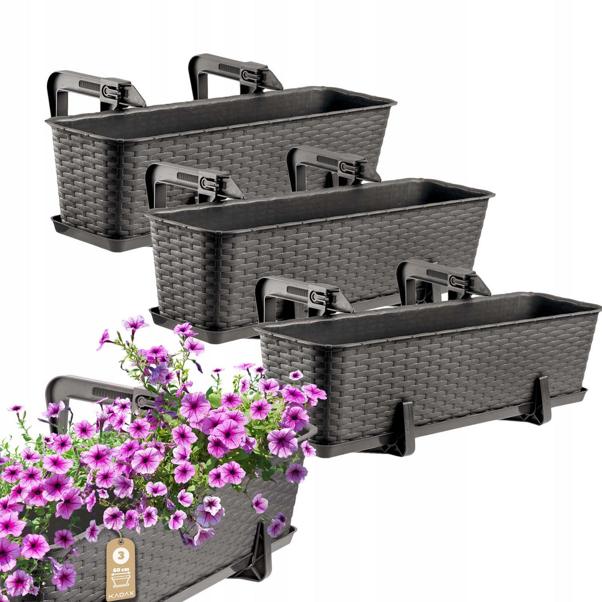 BALKONKASTEN mit Griffen, Braun, 60 cm, 3 Stk. - Braun, Kunststoff (17/60cm) - KADAX