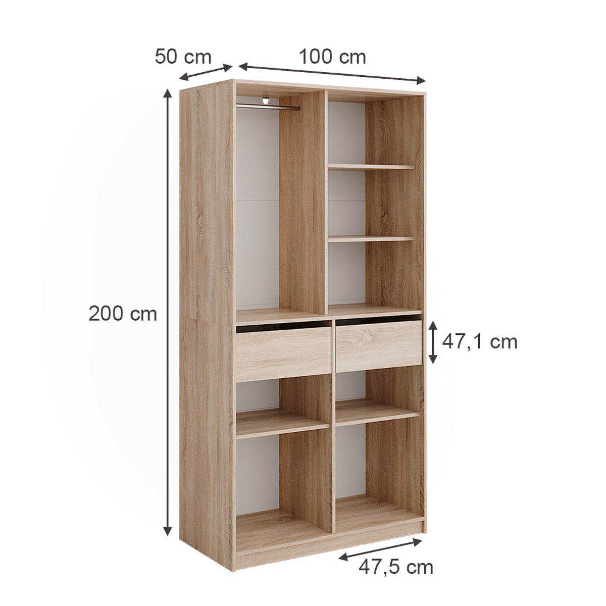 KLEIDERSCHRANK Elmo Sonoma 100 x 200 cm mit 2 Schubladen - Sonoma Eiche, Holzwerkstoff (100/200/50cm) - Vicco