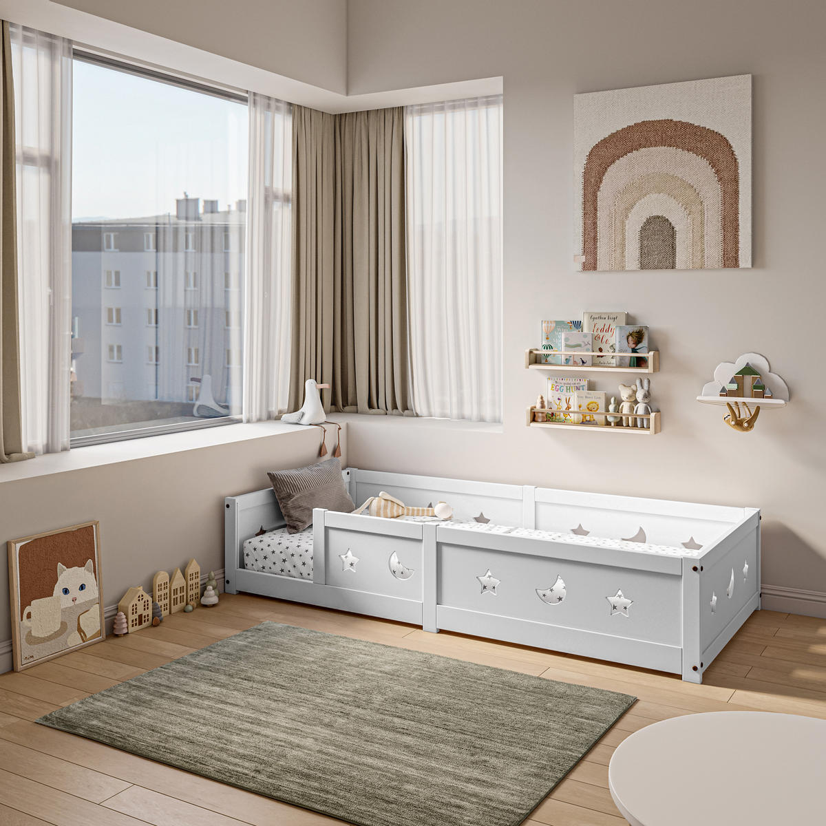 KINDERBETT 90x200 cm Massivholz Lattenrost Stern Mond weiß - Weiß, Holz (90/200cm) - LEBENLANG
