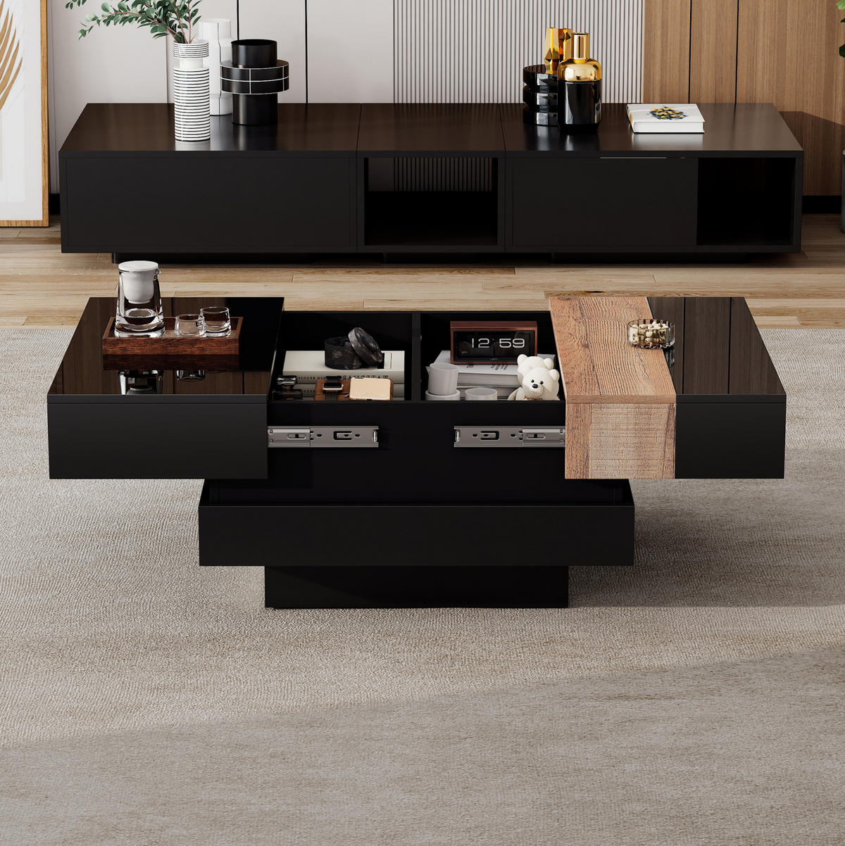 KLUBSKI stolić 70/70/39 cm crni od iverice s izvlačivom pločom i skrivenim spremištem - crna, drvni materijal (70/70/39cm) - OKWISH