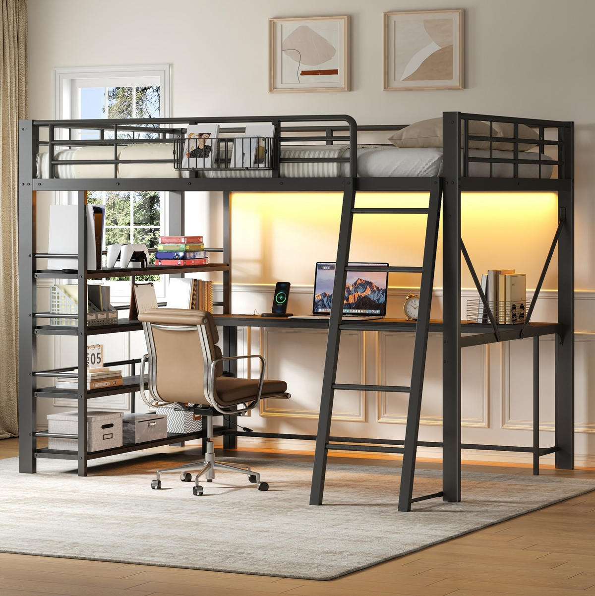 METALL-HOCHBETT aus Metall und MDF 140x200 cm Schwarz mit Schreibtisch, LED und USB-Ladestation - Schwarz, Holzwerkstoff (140/200cm) - Modfu