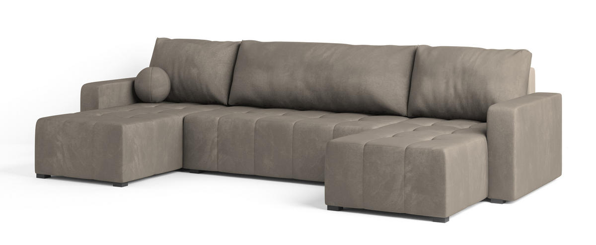 WOHNLANDSCHAFT TOLARI Beige Plüsch-Stoff mit Schlaffunktion - Beige, Holz (295/85/140cm) - MASSENO
