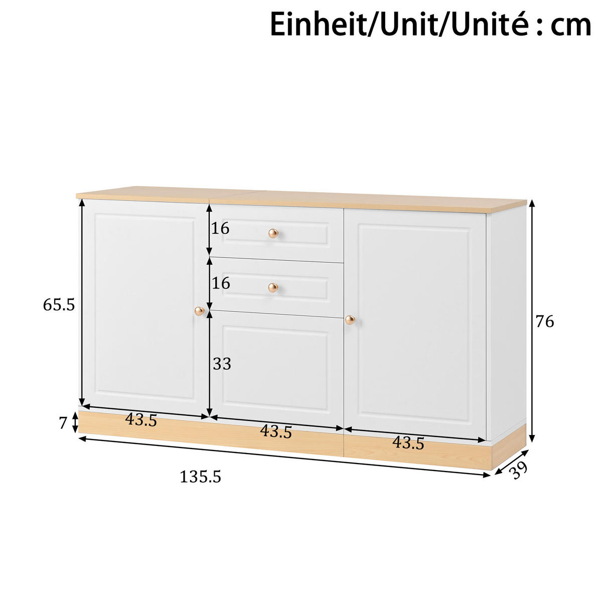 SIDEBOARD aus Spanplatte 135,5x39x76 cm Weiß und Holzoptik mit 3 Türen und 2 Schubladen - Weiß, Holzwerkstoff (135.5/76/39cm) - IVMEU