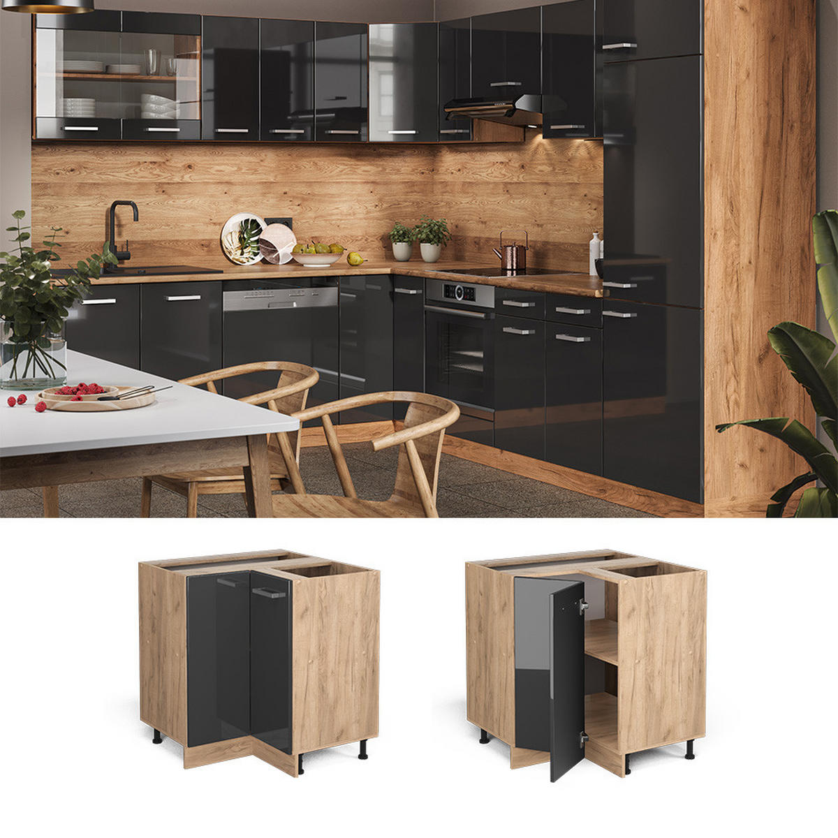 ECKUNTERSCHRANK R-Line Anthrazit Hochglanz 75.6 cm AP Marmor - Anthrazit/Eiche Wotan, Holzwerkstoff (75.6/81.6/60cm) - Vicco