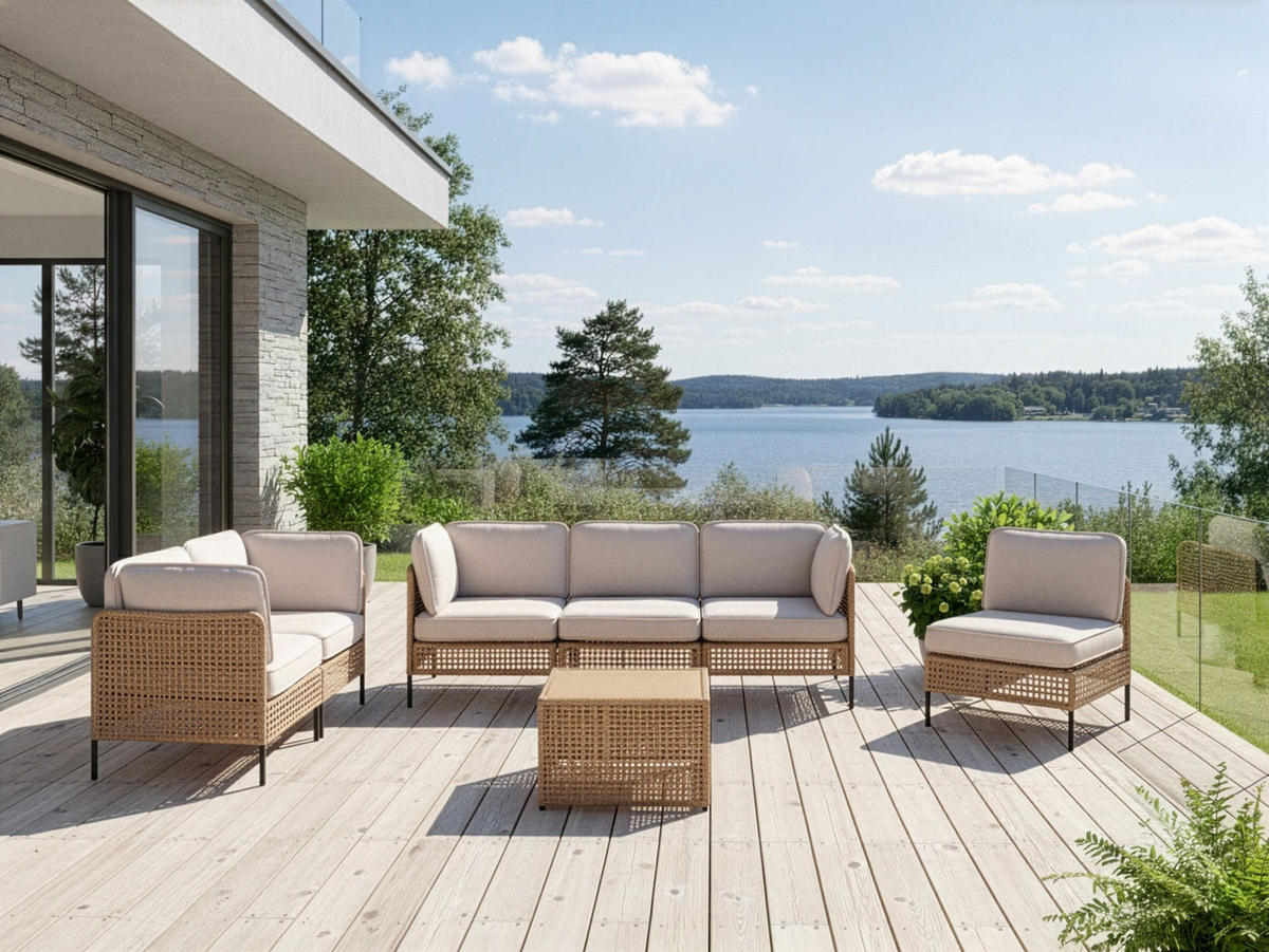 LOUNGE SADA se stolem 6-místná modulární Polyratan Světle béžová Omegana - černá/béžová, plast - Beliani