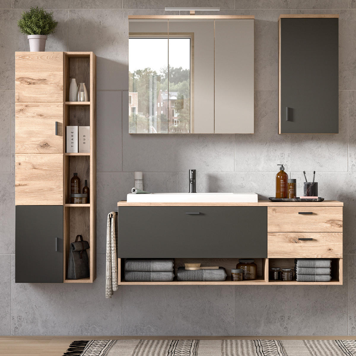 BADMÖBEL-SET Eiche, grau matt 5-teilig 200 cm, Kombination mit Waschbecken - Eichefarben/Grau, Holzwerkstoff (203/192/48cm) - Inn.Furn