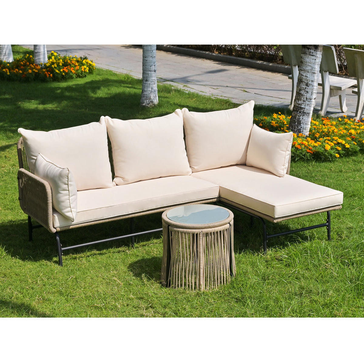 GARTENLOUNGE-SET BEIGE L-förmig mit Seilgeflecht und Tisch - Beige, Textil - BLACKCUP
