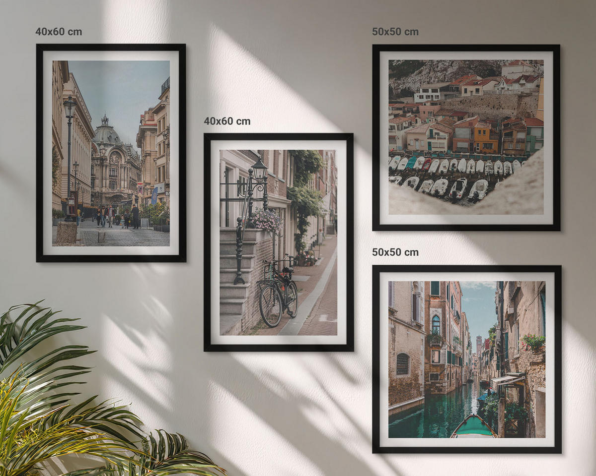 WANDBILDER 4er-Set - 50x50 cm & 40x60 cm Schwarzer Rahmen - Die charmanten Straßen der Hafenstädte - Schwarz, Kunststoff (50/50cm) - ArtPrintCave
