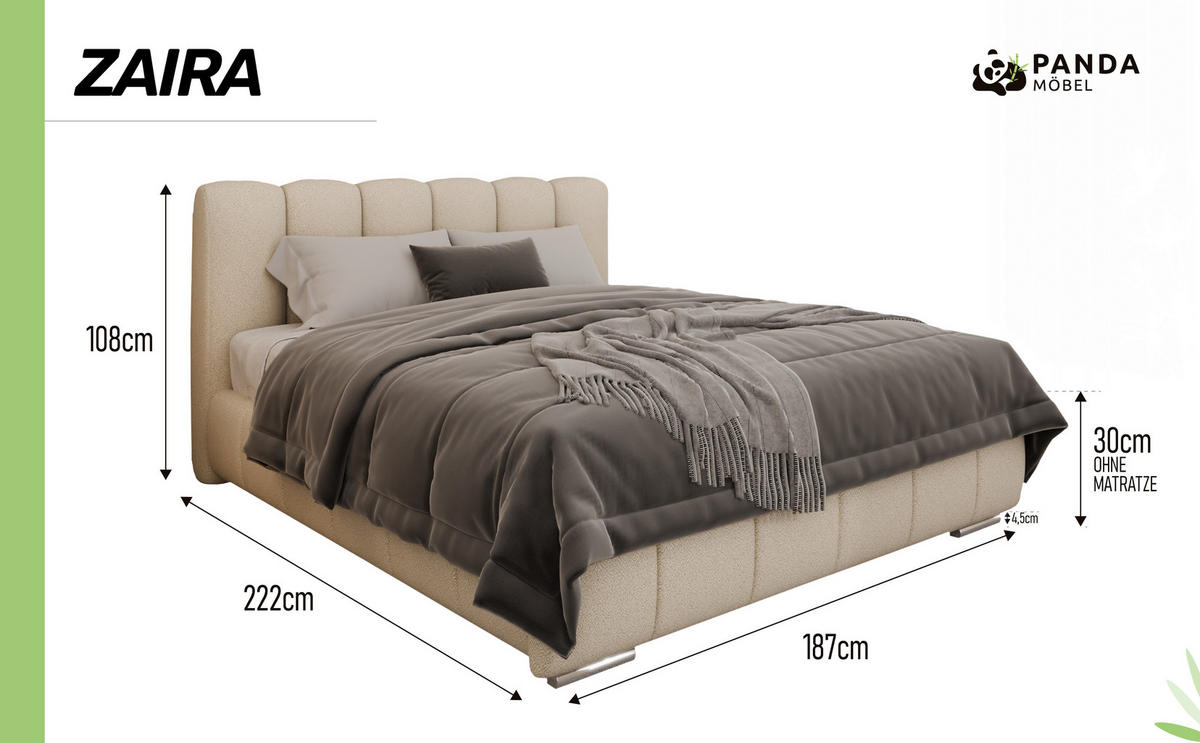 POLSTERBETT ZAIRA 160 x 200 cm mit Bettkasten und Lattenrost, 7-Zonen-Taschenfederkernmatratze CIRA (24 cm) – Beige - Beige, Holz (140/206cm) - Panda Möbel