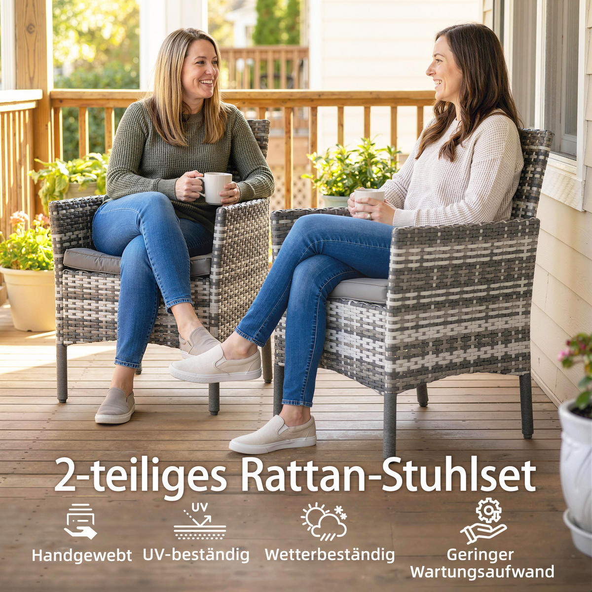 RATTANSTÜHLE 2er Set PE-Rattan Stahl Grau - Schwarz/Grau, Textil/Metall - Outsunny