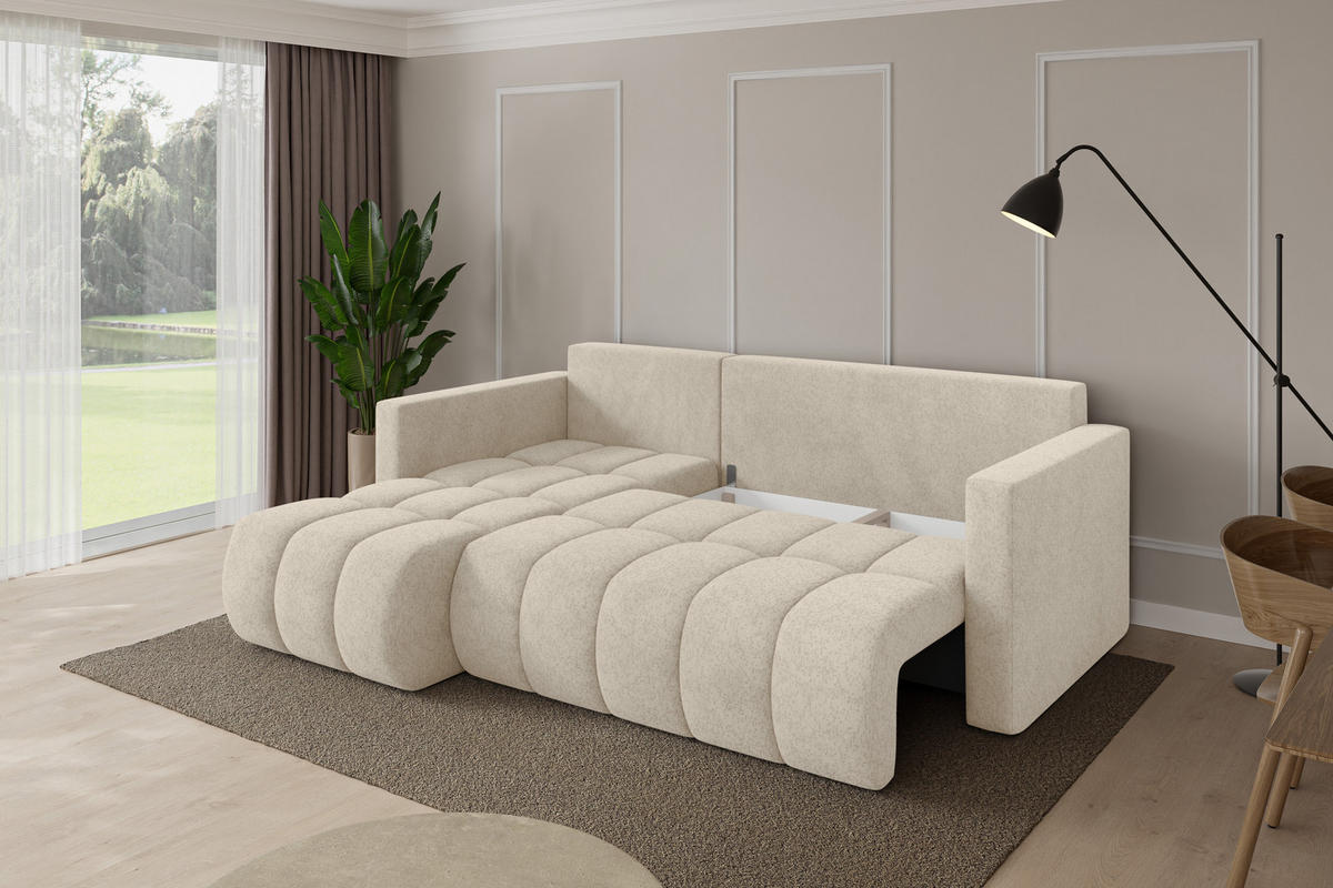 ROHOVÁ SEDAČKA s funkcí spaní, otoman vlevo GARD-L 226x146x85 krémová velur - černá/krémová, kompozitní dřevo/textil (226/146cm) - ALTDECOR