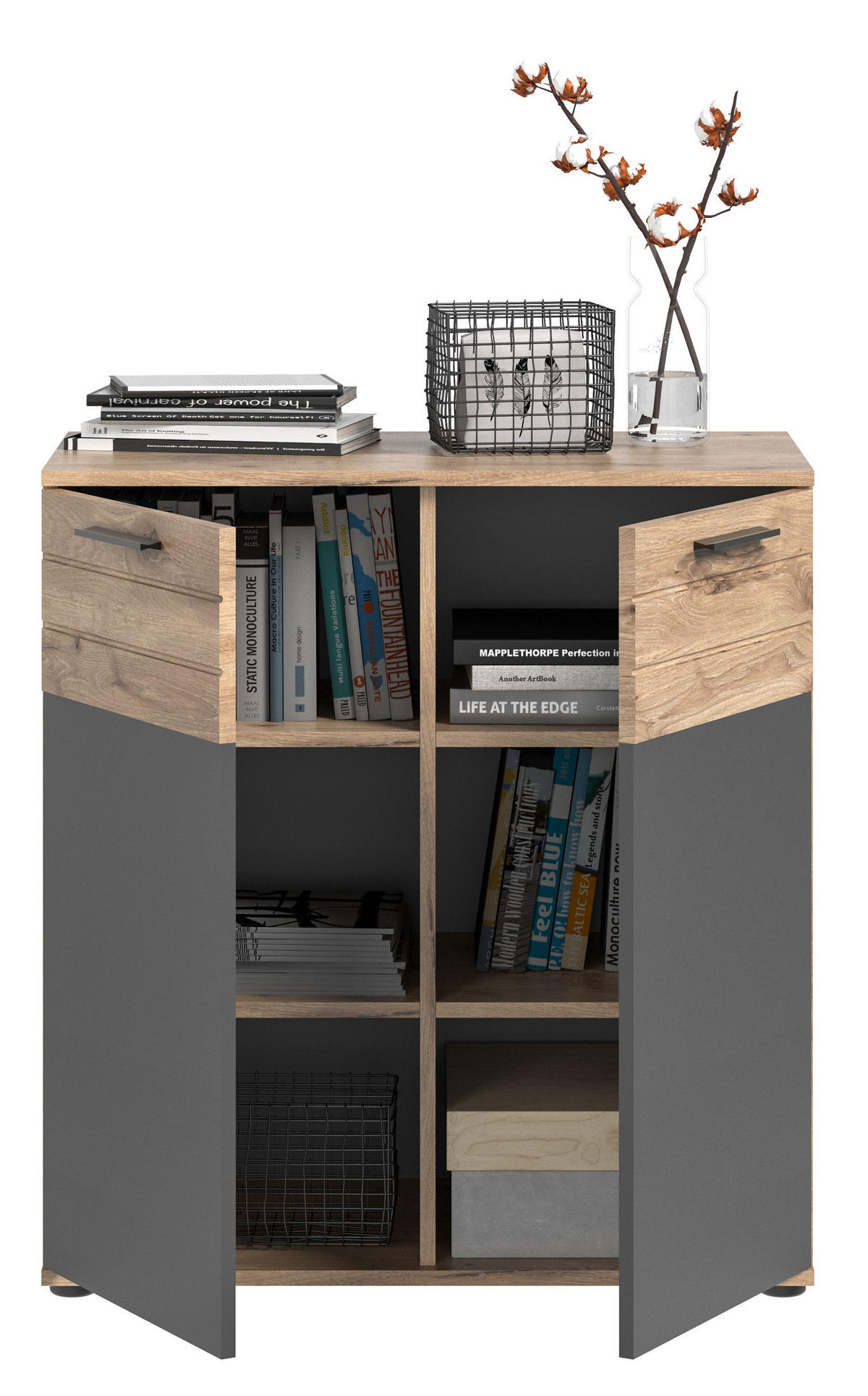 KOMMODE Mason (B/H/T: 80x87x40 cm) in Nox Oak Nachbildung und Basalt grau Nachbildung - Eichefarben, Holzwerkstoff (80/87/40cm)