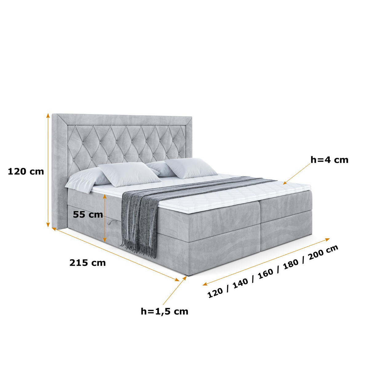 BOXBETT mit H4-Matratze und Lattenrost - NOEL - 200x200 Hellgrau - Hellgrau, Holzwerkstoff (200/200cm) - ALTDECOR