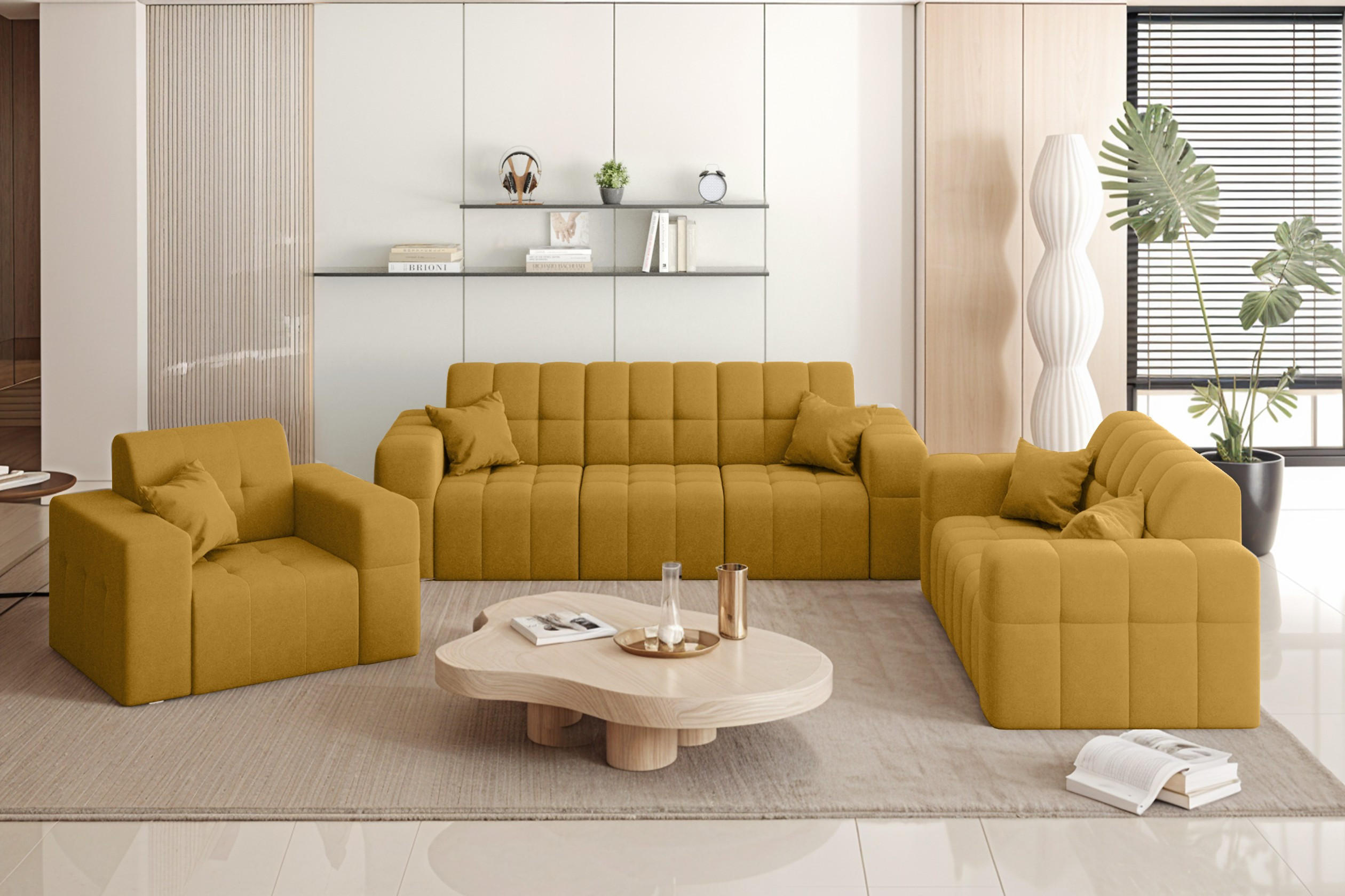 SITZGARNITUR NIMES 3-2-1 Stoff Portland Gelb - Gelb, Holz/Textil (92/82/245cm) - Kaiser Möbel