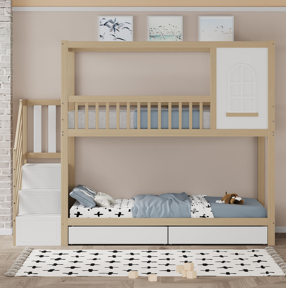ETAGENBETT aus Massivholz 90x200 cm in Natur mit Schubladen & Sicherheitsleiter - Naturfarben, Holz (90/200cm) - Modfu