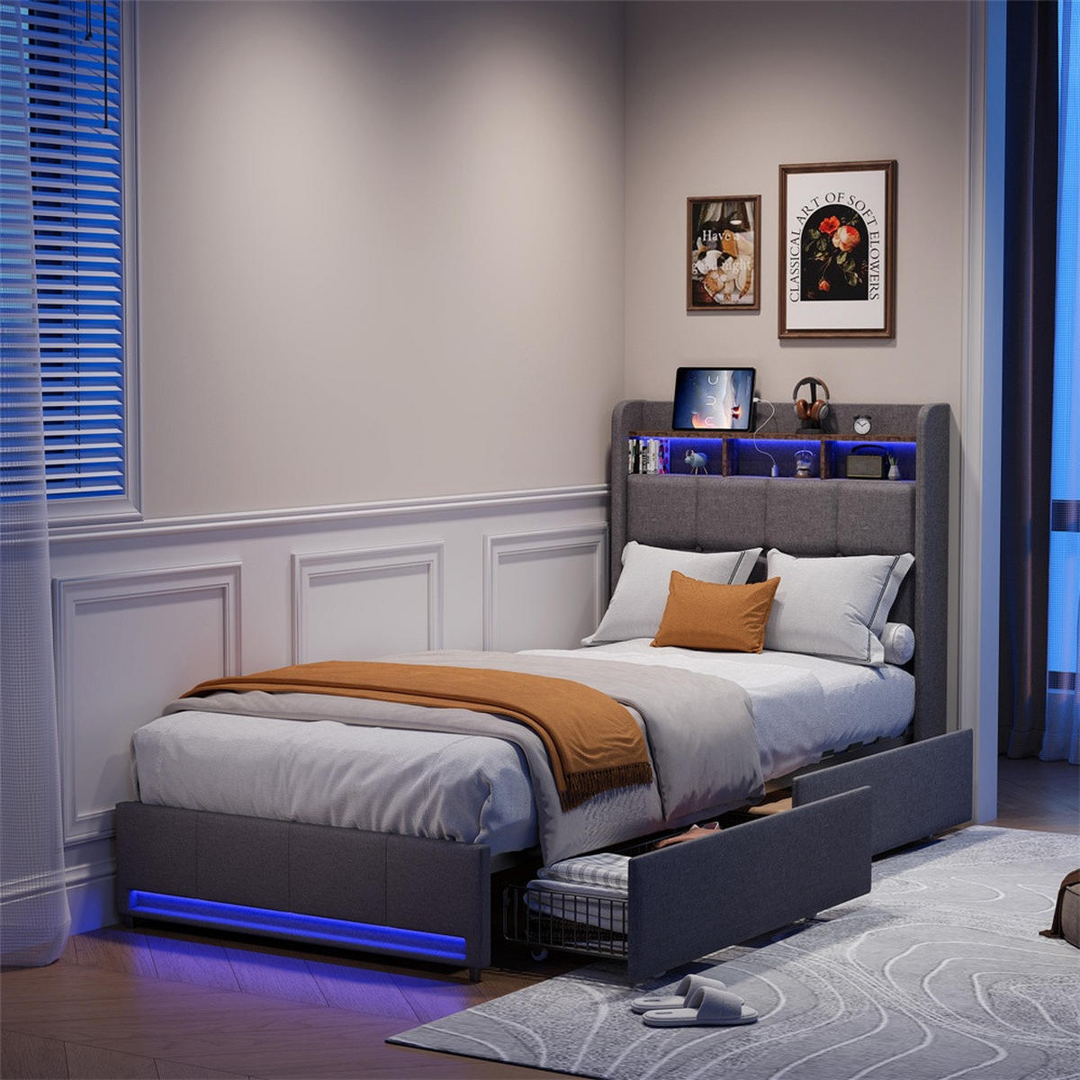 POLSTERBETT 90x200cm mit 2 Schubladen - Einzelbett - RGB-LED-Beleuchtung Ladestation - ohne Matratze - Grau - Grau, Textil (90/200cm) - DELFA