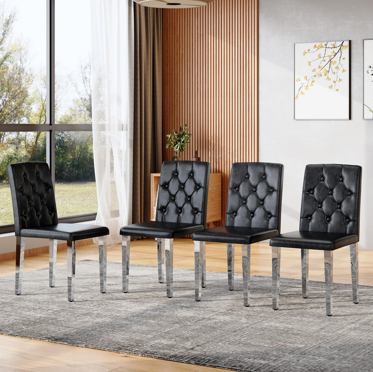 ESSZIMMERSTUHL 4er-Set mit Rautensteppung PU-Leder Schwarz Silber - Schwarz, Metall (46/89/42.2cm) - Meubliv