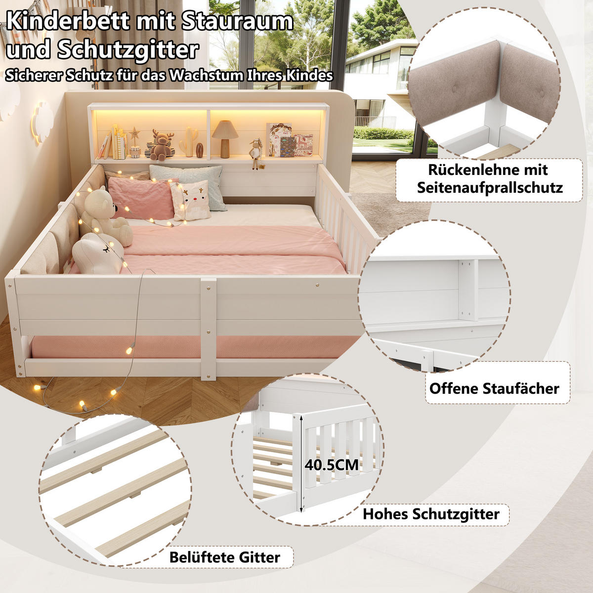 FLACHBETT 140x200cm Gitter Kinderbett LED Weiß - Weiß, Holzwerkstoff (140/200cm) - FLIEKS