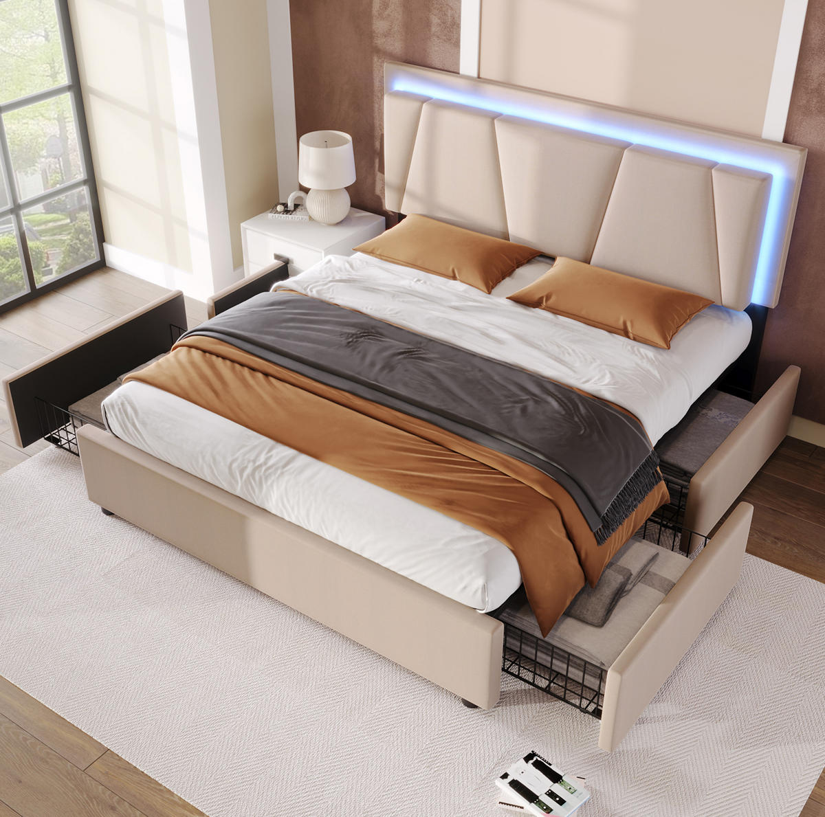 POLSTERBETT mit LED und 4 Schubladen 140x200 cm Beige - Beige, Holz (140/200cm) - Meubliv