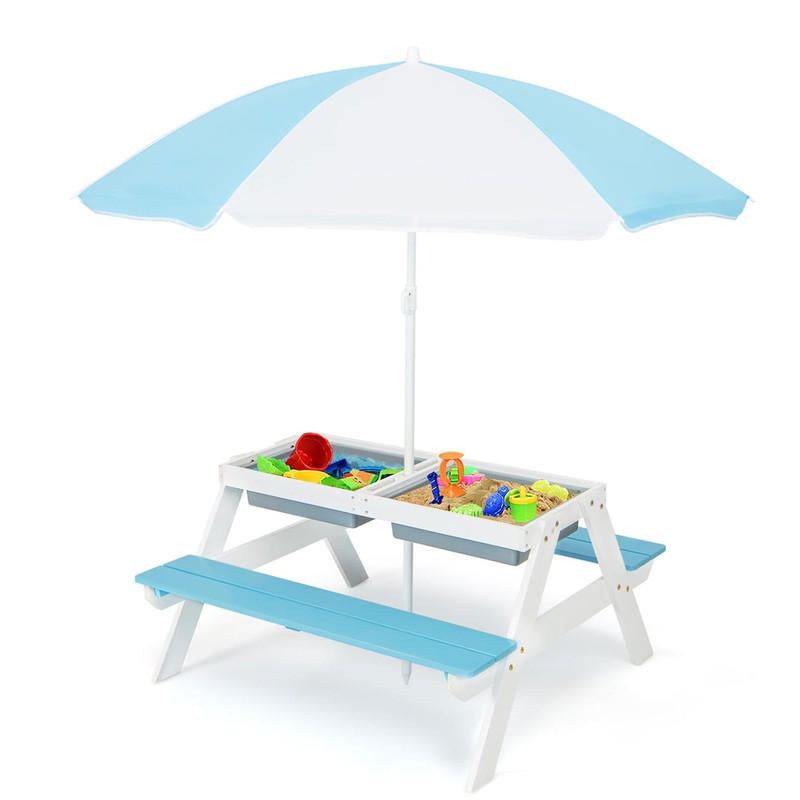 KINDERTISCH mit Sonnenschirm blau - Blau, Holz - COSTWAY