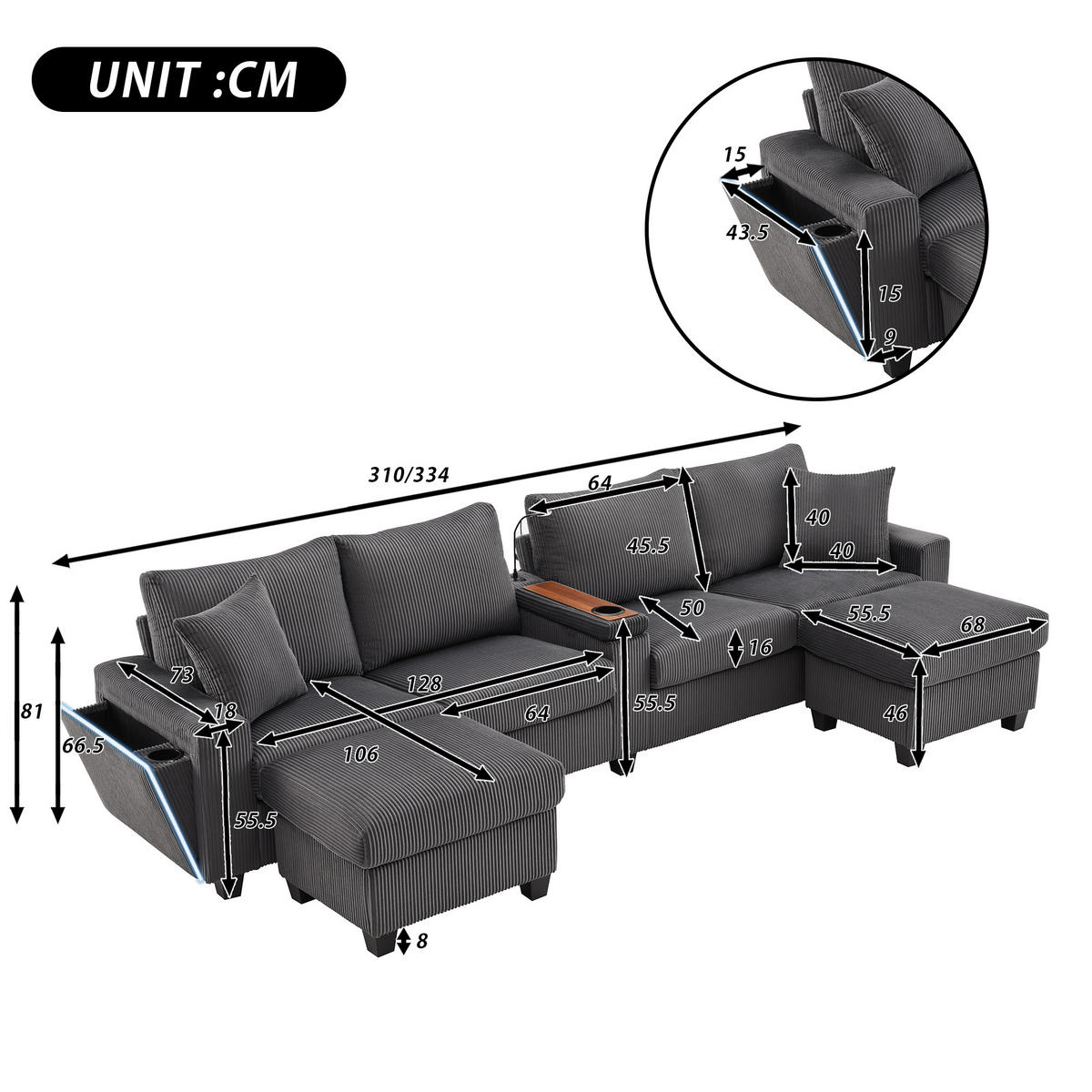 SOFA, U-Form, 2 Hocker, LED-Beleuchtung, Grau, 334x128.5x81cm - Grau, Textil (128.5/81/334cm) - FLIEKS