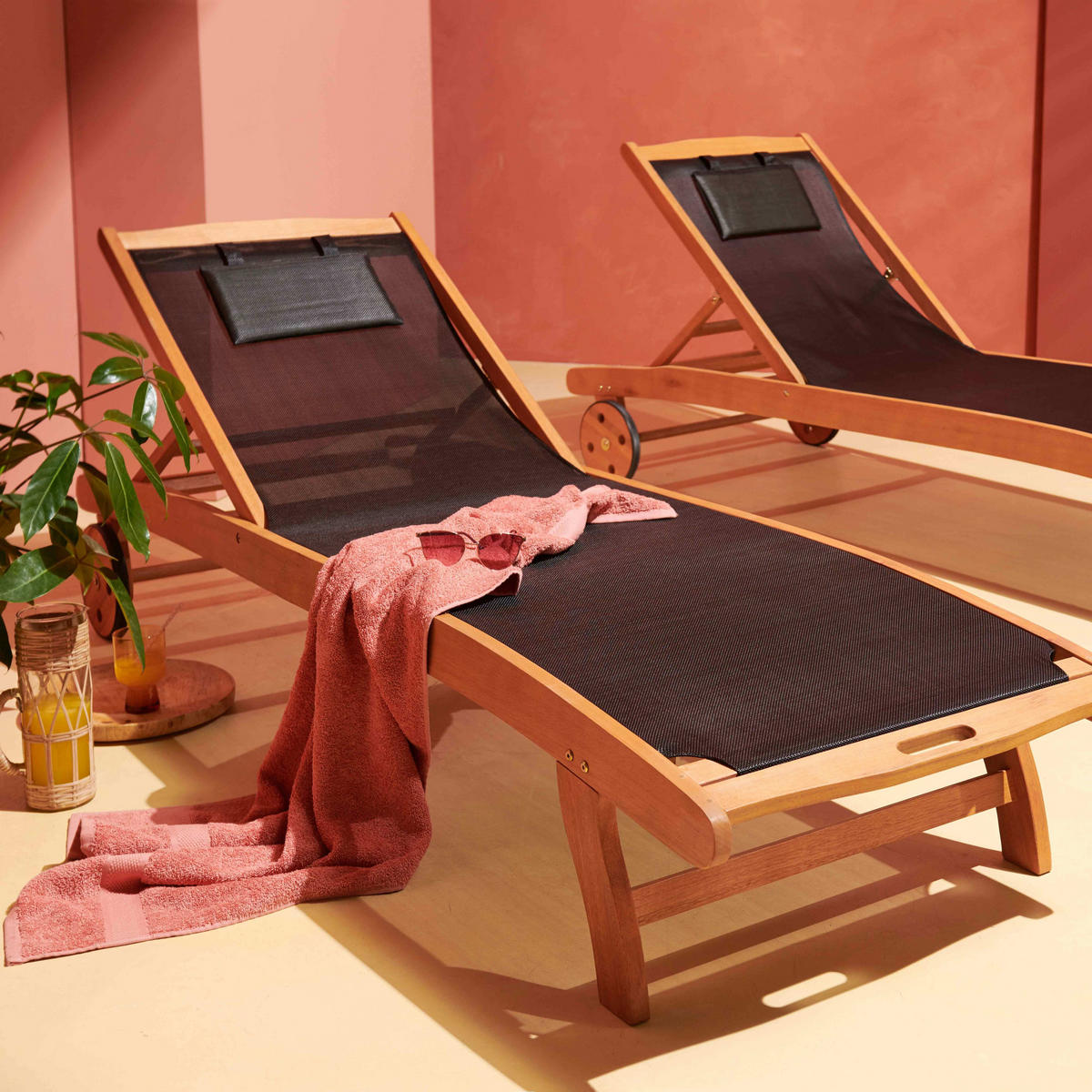 SONNENLIEGE 2-tlg., Schwarz - Schwarz, Holz (69/37/196cm) - Oviala