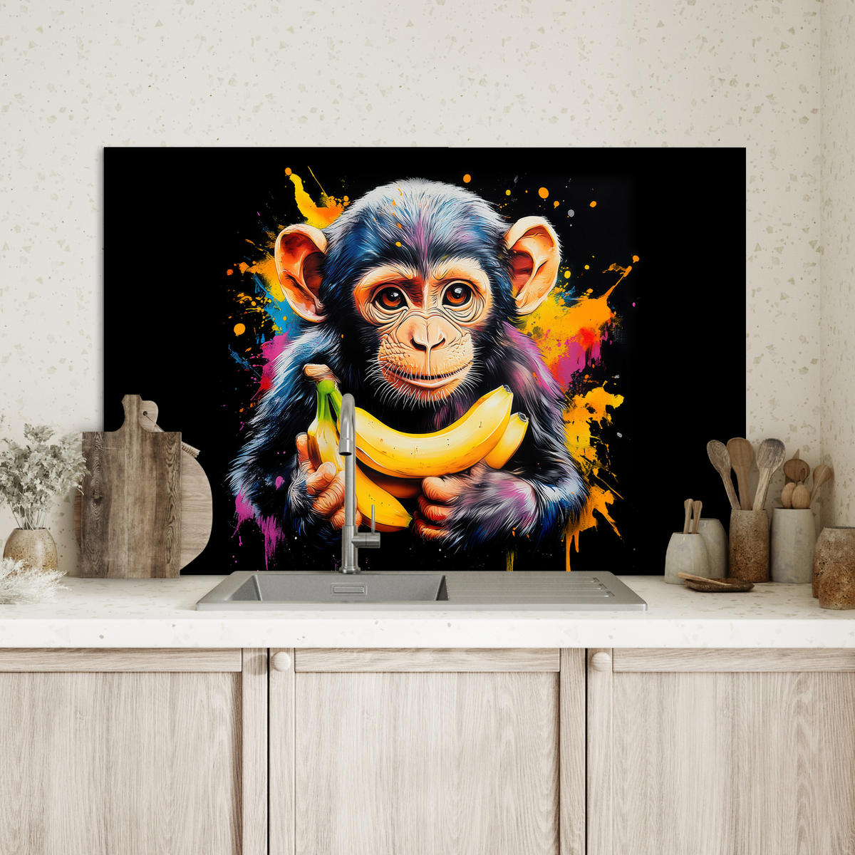 SPRITZSCHUTZ KÜCHE Affe - Graffiti - Farbenfroh - Bananen - Modern 80x55 cm - Gelb, Metall (80/0.3/55cm) - MuchoWow