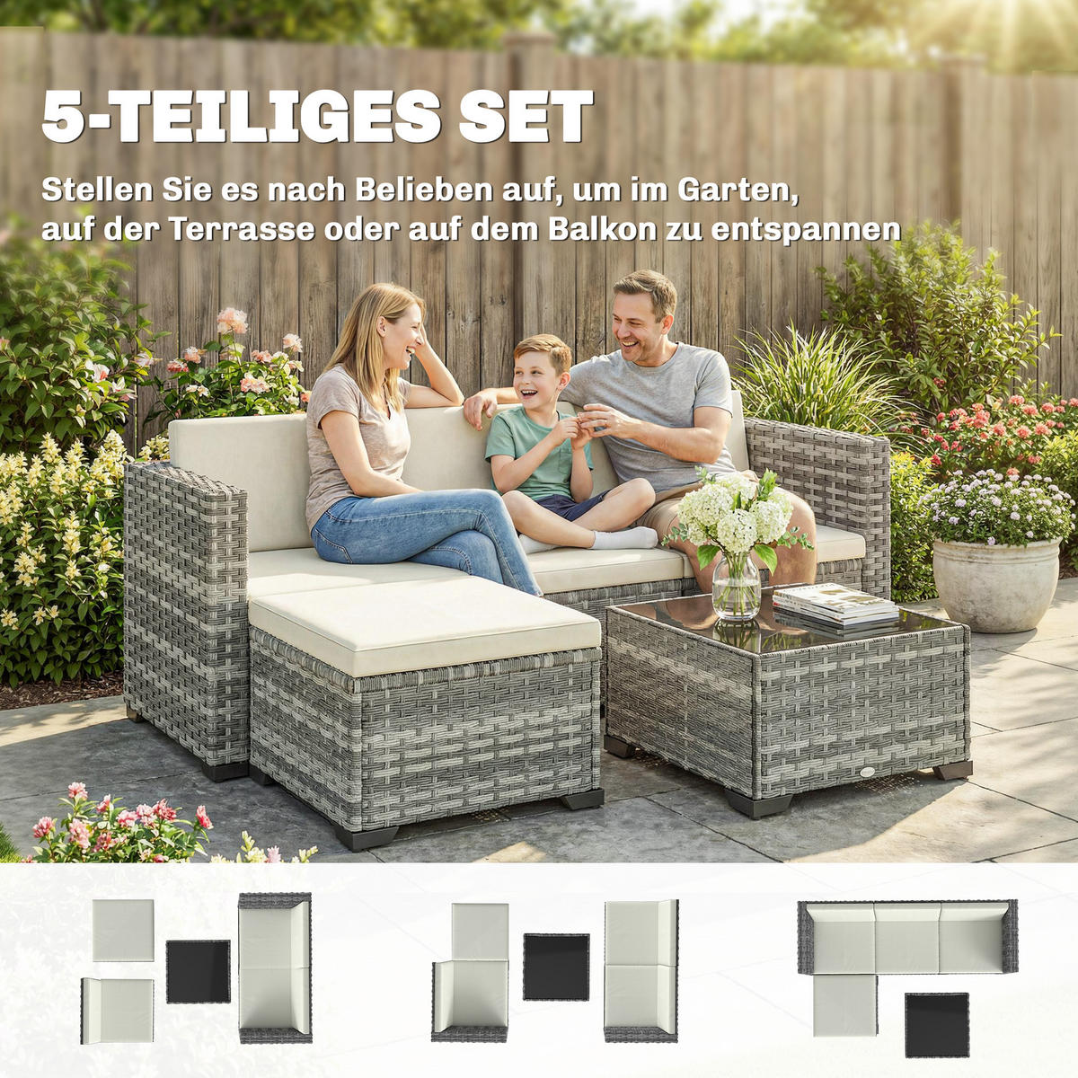 LOUNGEGARNITUR 5 TLG. aus PE-Rattan mit Kissen, Grau - Creme/Schwarz, Glas/Kunststoff - Outsunny